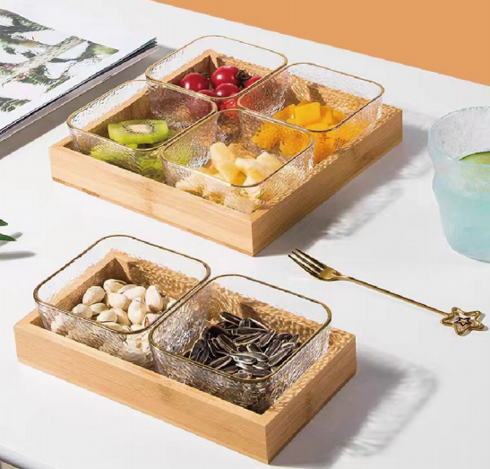  Glass bowl 4pcs with bamboo tray